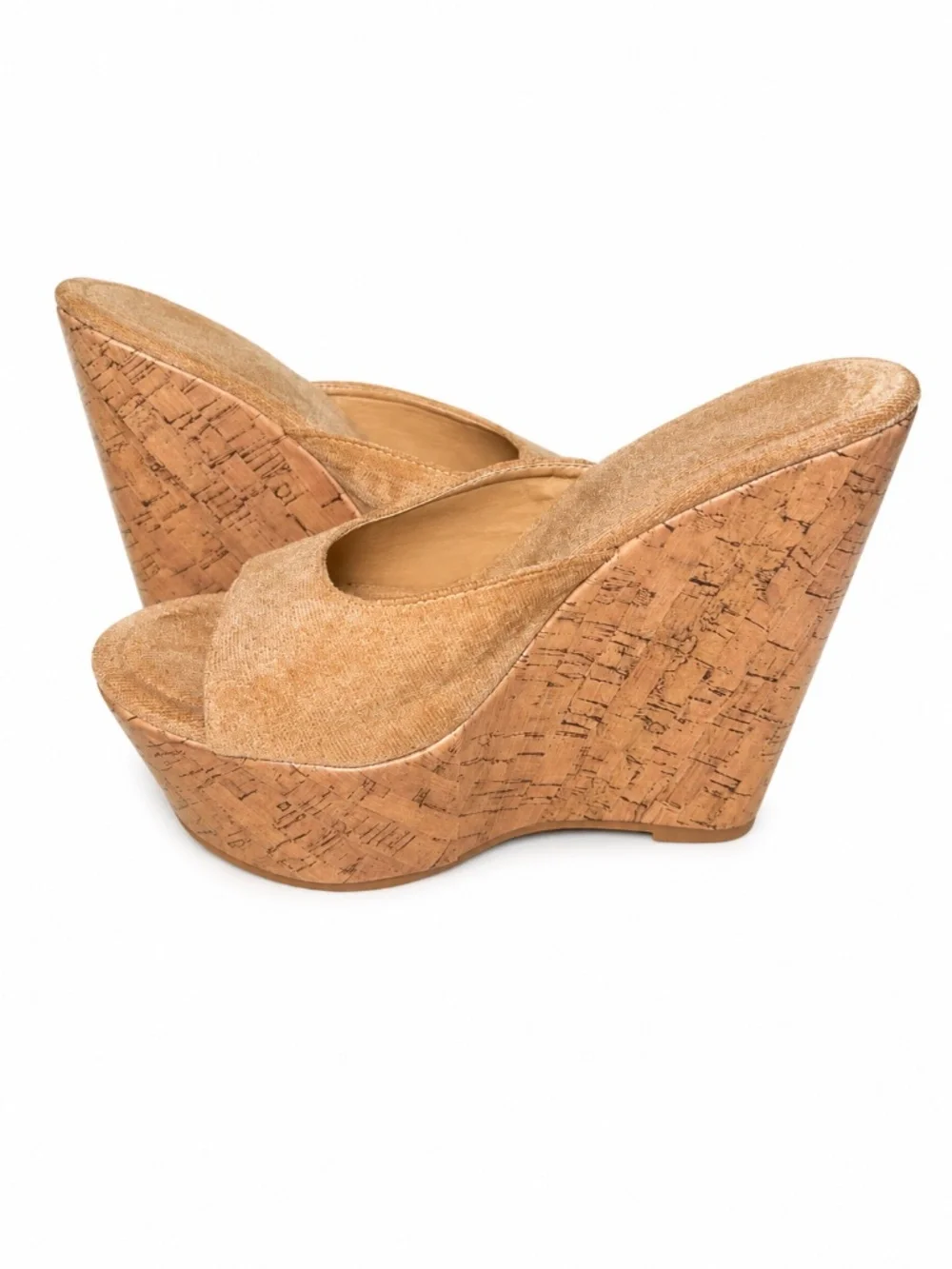 Tan Faux Suede Cork Platform Wedge Slide Sandals